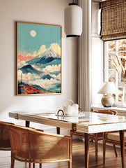 Japanese wall art print of Mount Fuji, a pagoda, a full moon, and birds flying over clouds and mountains in Ukiyo-e style. - Image 2