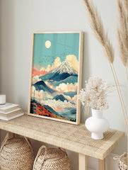 Japanese wall art print of Mount Fuji, a pagoda, a full moon, and birds flying over clouds and mountains in Ukiyo-e style. - Image 3
