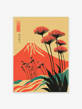 Japanese Wall Art print with red Mount Fuji, stylized red flowers, and teal hills on a yellow background, Ukiyo-e style.