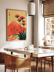Japanese Wall Art print with red Mount Fuji, stylized red flowers, and teal hills on a yellow background, Ukiyo-e style. - Image 2