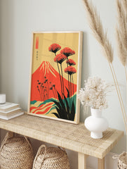 Japanese Wall Art print with red Mount Fuji, stylized red flowers, and teal hills on a yellow background, Ukiyo-e style. - Image 3