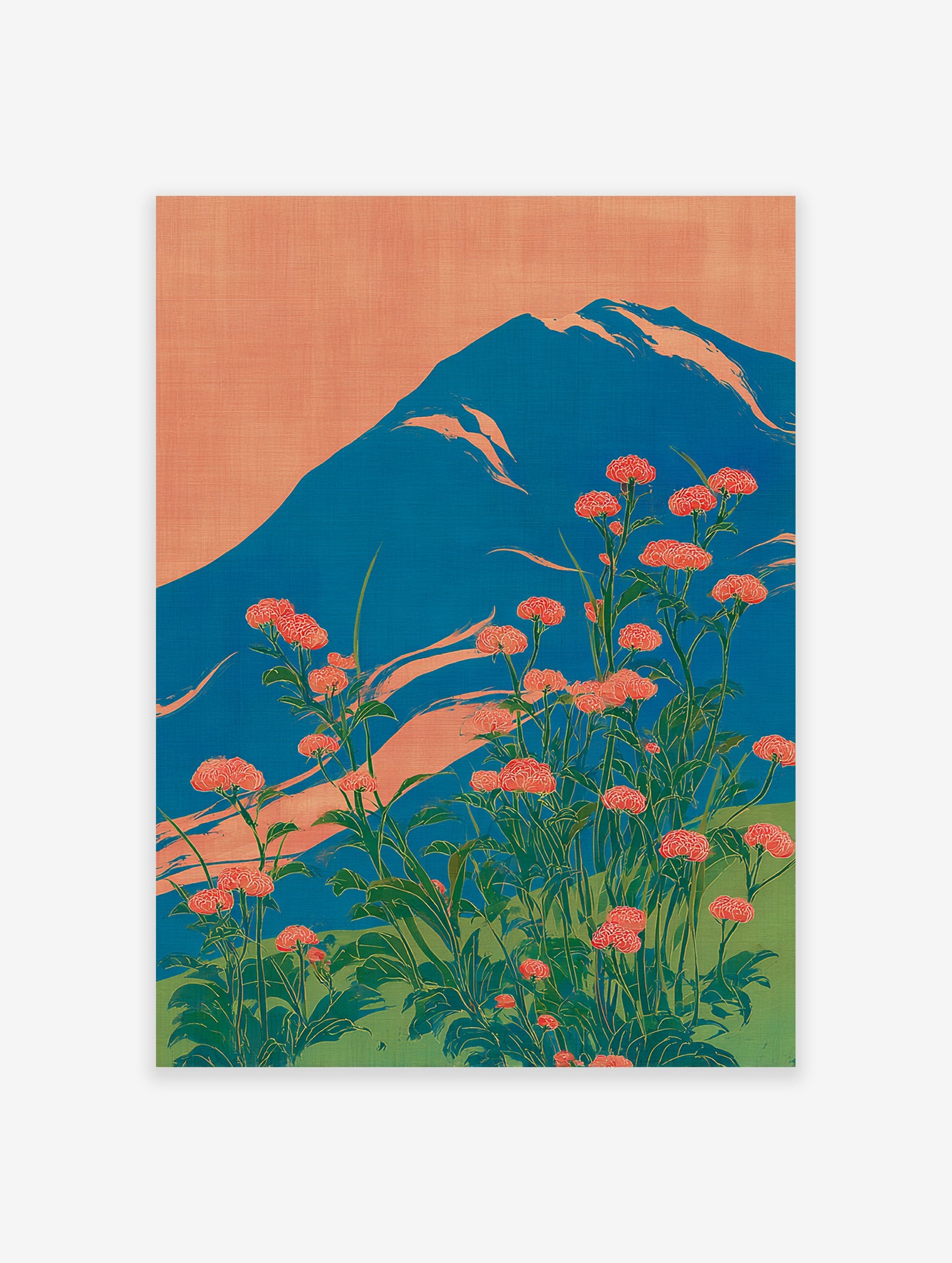 Japanese wall art print of Mount Fuji with red-orange flowers and a blue mountain against an orange sky.