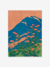 Japanese wall art print of Mount Fuji with red-orange flowers and a blue mountain against an orange sky.