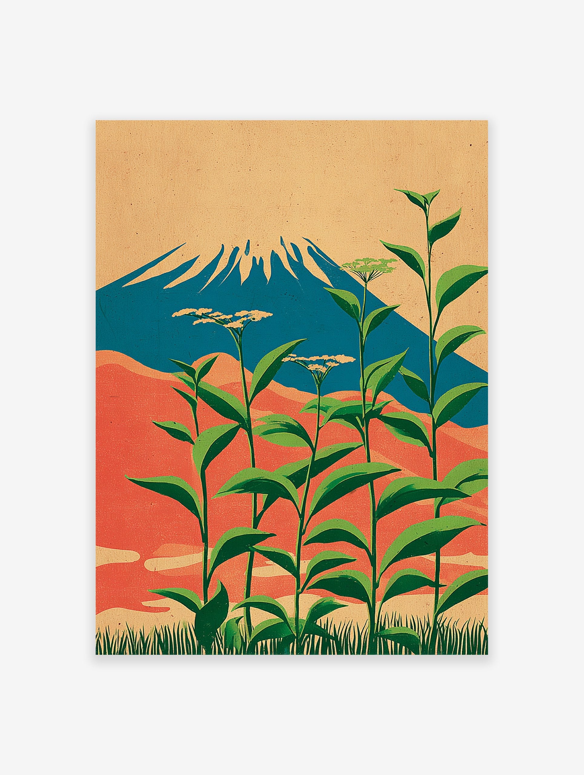 Japanese wall art print of Mount Fuji, blue mountain, red hills, tall green plants with white flowers, beige sky, grassy foreground.