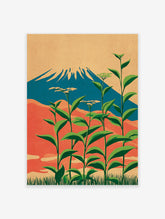 Japanese wall art print of Mount Fuji, blue mountain, red hills, tall green plants with white flowers, beige sky, grassy foreground.