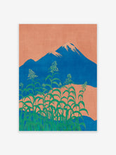 Japanese wall art depicting Mount Fuji, an orange sky, and lush green botanical plants with small white flowers in the foreground.