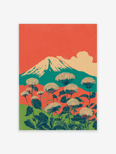 Japanese wall art print with Mount Fuji, a prominent cloud, and large white botanical flowers in the foreground.