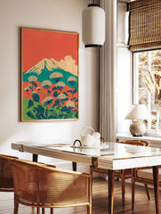 Japanese wall art print with Mount Fuji, a prominent cloud, and large white botanical flowers in the foreground. - Image 2