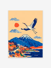 Japanese wall art print of Mount Fuji, a red-crowned crane flying over a village, lake, and stylized clouds.