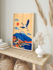 Japanese wall art print of Mount Fuji, a red-crowned crane flying over a village, lake, and stylized clouds. - Image 3