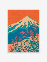Stylized Japanese wall art depicting Mount Fuji with snow-capped peaks and vibrant coral flowers against an orange sky.