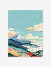 Japanese wall art print depicting Mount Fuji with a snow-capped peak, clouds, moon, and colorful layered landscape.