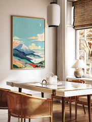 Japanese wall art print depicting Mount Fuji with a snow-capped peak, clouds, moon, and colorful layered landscape. - Image 2