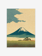 Vintage Japanese Ukiyo-e style landscape print of Mount Fuji with snow, water, and a pine tree against a patterned sky.