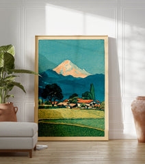 Japanese woodblock print of Mount Fuji over a village with green fields and a large tree in the foreground. - Image 3