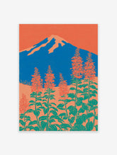 Japanese wall art print of Mount Fuji, blue mountain, orange sky, and red-orange botanical flowers with green leaves.