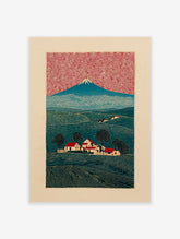 Japanese woodblock print of Mount Fuji, a village with red roofs, green fields, and a red swirling sky.