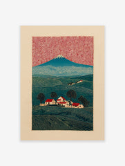 Japanese woodblock print of Mount Fuji, a village with red roofs, green fields, and a red swirling sky.