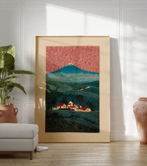 Japanese woodblock print of Mount Fuji, a village with red roofs, green fields, and a red swirling sky. - Image 3