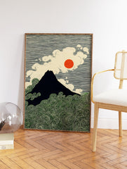 Japanese Mount Fuji art print with a dark mountain, red sun, white clouds, and green swirling waves in Ukiyo-e style. - Image 2