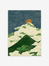Japanese style mountain landscape wall art with green peak, swirling white clouds, and a brown sun in a blue sky.