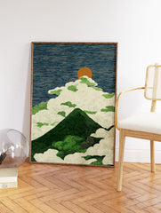 Japanese style mountain landscape wall art with green peak, swirling white clouds, and a brown sun in a blue sky. - Image 2