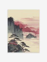 Japanese wall art depicting a red temple on a mountain cliff with pine trees amidst misty, pinkish-red clouds.