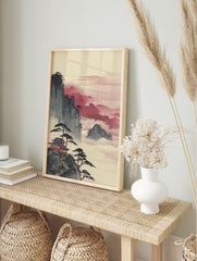 Japanese wall art depicting a red temple on a mountain cliff with pine trees amidst misty, pinkish-red clouds. - Image 3