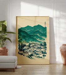 Japanese wall art illustration of a serene mountain village with trees, rendered in teal green and beige on textured paper. - Image 3