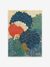 Multi-color Japanese wall art print with stylized blue, red, and green chrysanthemum flowers outlined in gold on a light background.