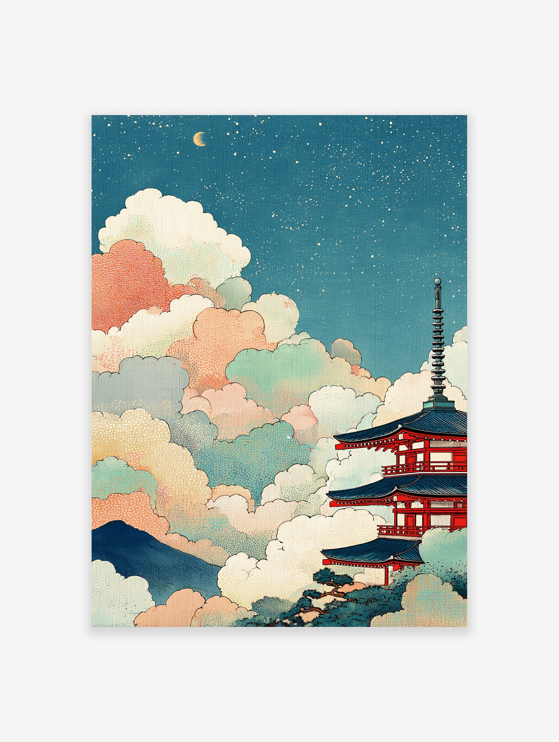 Japanese pagoda wall art with colorful clouds and a crescent moon in Ukiyo-e style