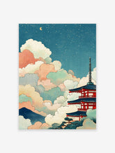 Japanese pagoda wall art with colorful clouds and a crescent moon in Ukiyo-e style