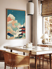 Japanese pagoda wall art with colorful clouds and a crescent moon in Ukiyo-e style - Image 2
