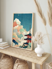 Japanese pagoda wall art with colorful clouds and a crescent moon in Ukiyo-e style - Image 3