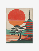 Japanese Wall Art depicting a red sun, green pagoda, and pine tree by water in a vintage illustrative style.