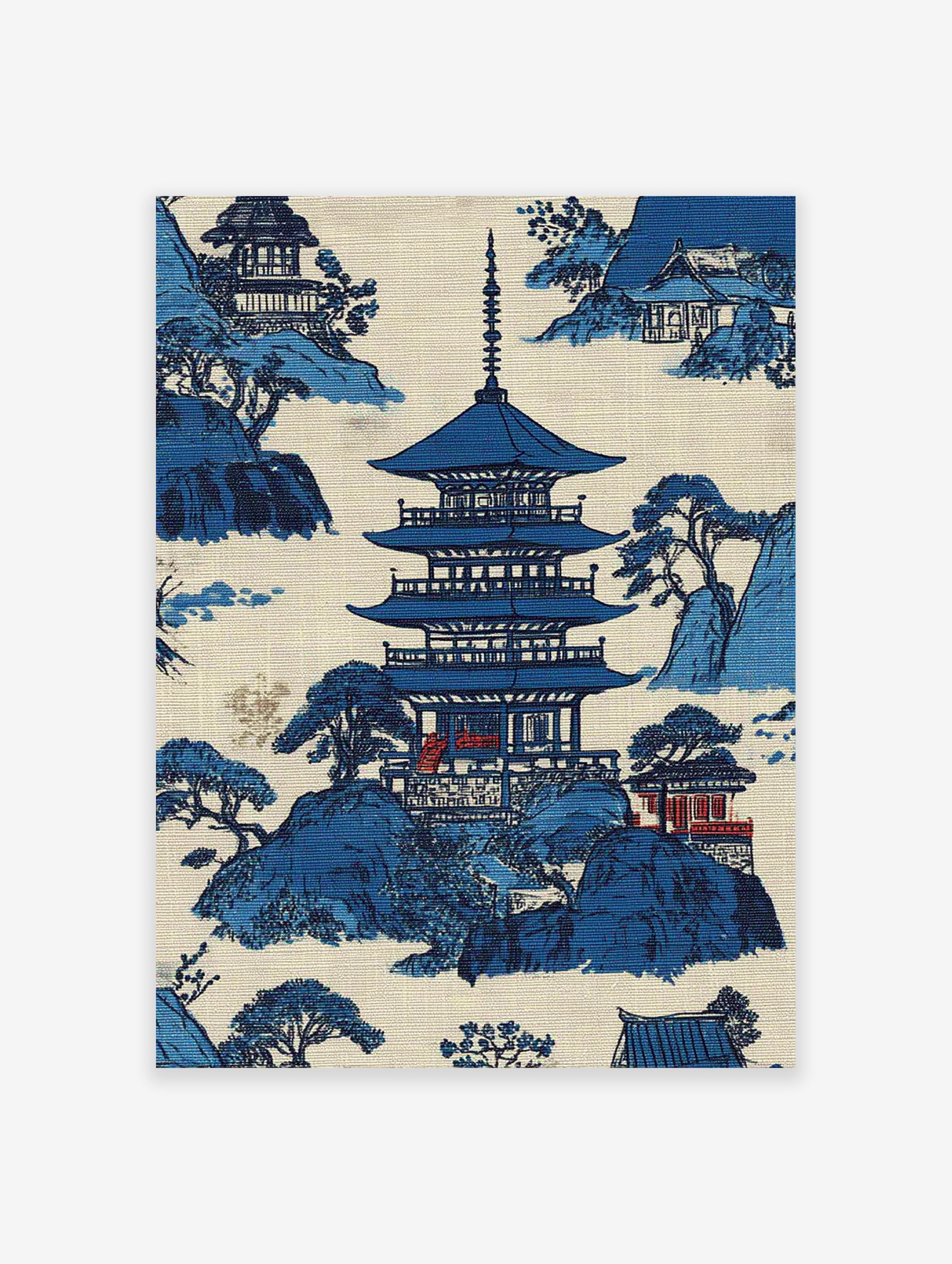 Blue and white traditional Japanese landscape wall art print featuring a pagoda, mountains, and trees.