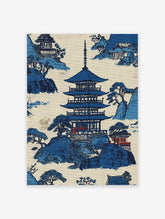 Blue and white traditional Japanese landscape wall art print featuring a pagoda, mountains, and trees.