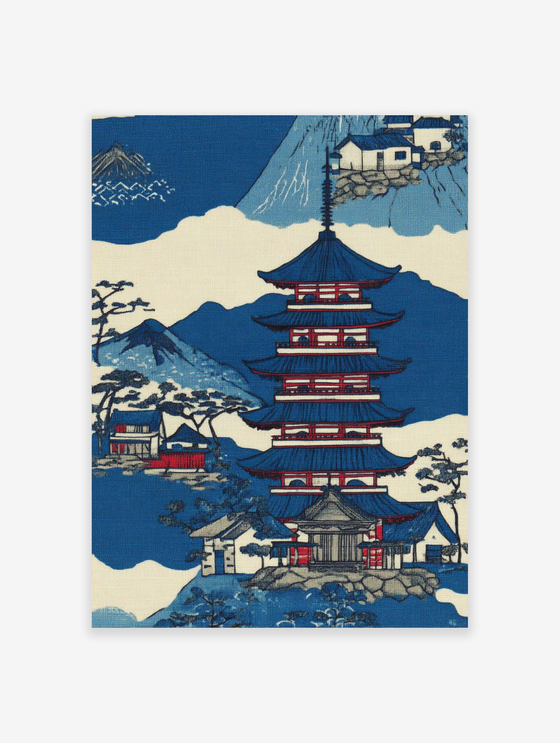Japanese pagoda wall art print with traditional houses, blue mountains, and trees in a classic Ukiyo-e style.