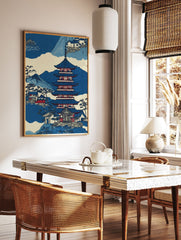 Japanese pagoda wall art print with traditional houses, blue mountains, and trees in a classic Ukiyo-e style. - Image 3