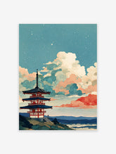 Japanese wall art print of a multi-tiered pagoda against a blue sky with stylized white and red clouds, stars, and a landscape.