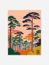 Japanese Wall Art print featuring a stylized pine forest landscape with green, blue, orange trees against a peach sky.