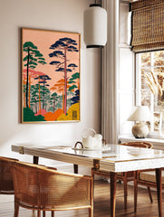 Japanese Wall Art print featuring a stylized pine forest landscape with green, blue, orange trees against a peach sky. - Image 2