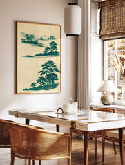 Japanese landscape wall art print with stylized green pine trees and hills on a light beige background, traditional style. - Image 2