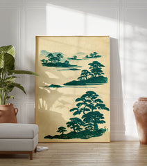 Japanese landscape wall art print with stylized green pine trees and hills on a light beige background, traditional style. - Image 3