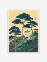Japanese landscape wall art print with large dark blue pine trees, green mountains, clouds, and a temple in Ukiyo-e style.
