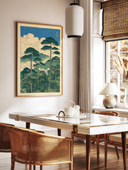 Japanese wall art print of tall pine trees on a misty mountain landscape with clouds and blue sky, in a traditional woodblock style. - Image 2