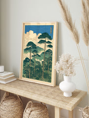 Japanese wall art print of tall pine trees on a misty mountain landscape with clouds and blue sky, in a traditional woodblock style. - Image 3