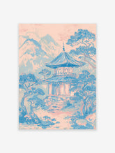 Japanese Wall Art print of a pink and blue pagoda temple in a serene mountain landscape with pine trees.