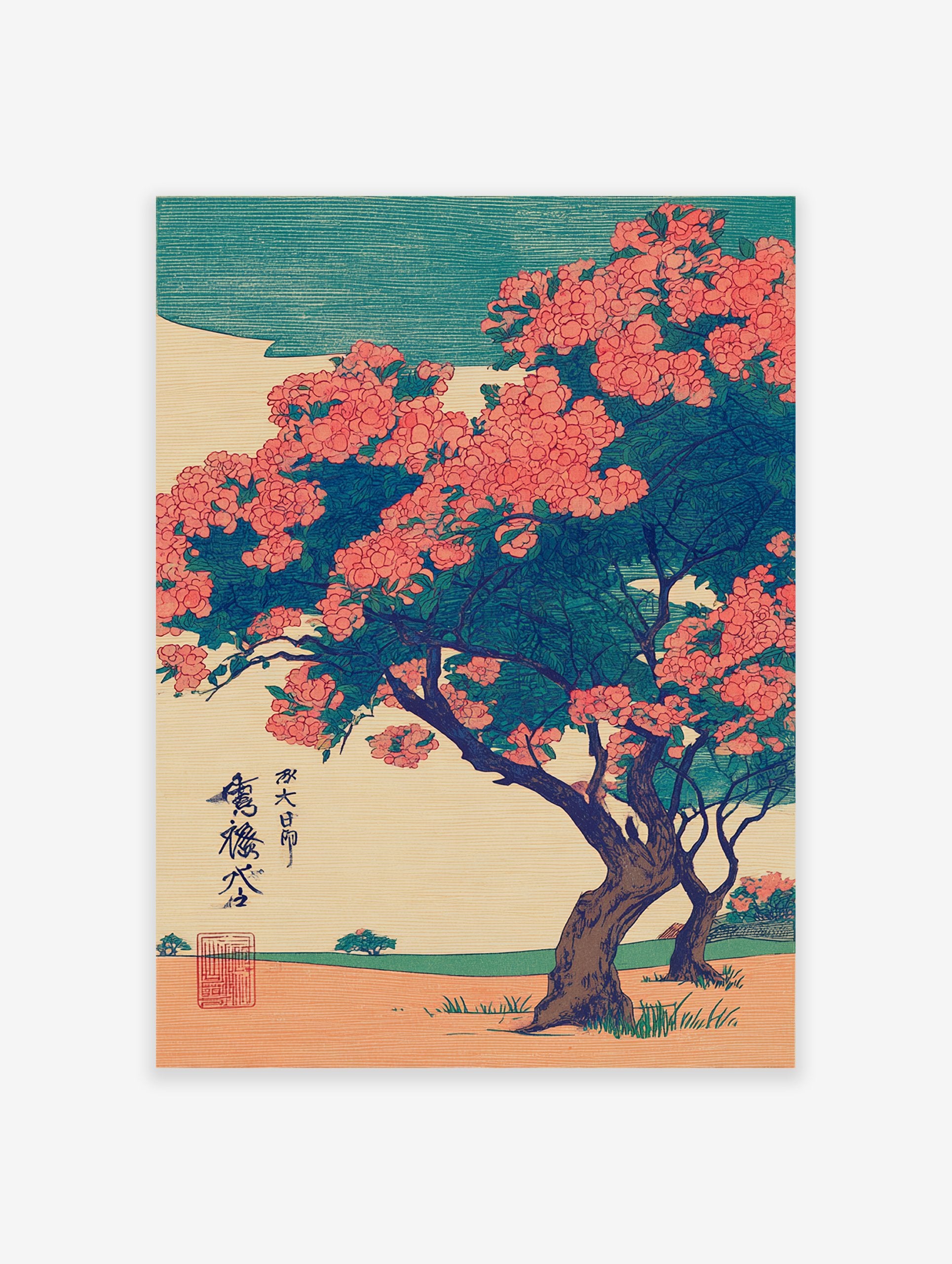 Japanese wall art print with two pink blossom trees and green leaves in Ukiyo-e woodblock style on a textured background.