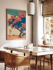 Japanese wall art print with two pink blossom trees and green leaves in Ukiyo-e woodblock style on a textured background. - Image 2